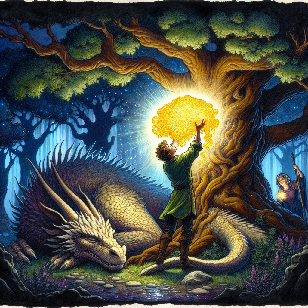 Jason claiming the Golden Fleece while the dragon sleeps