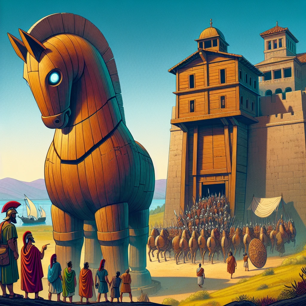 Odysseus and the Trojan Horse outside the walls of Troy