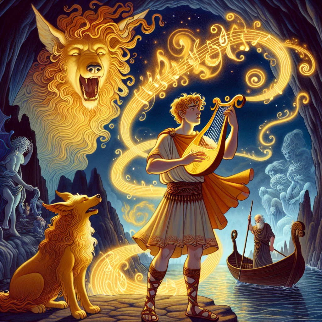 Orpheus playing his lyre to charm the guardians of the Underworld