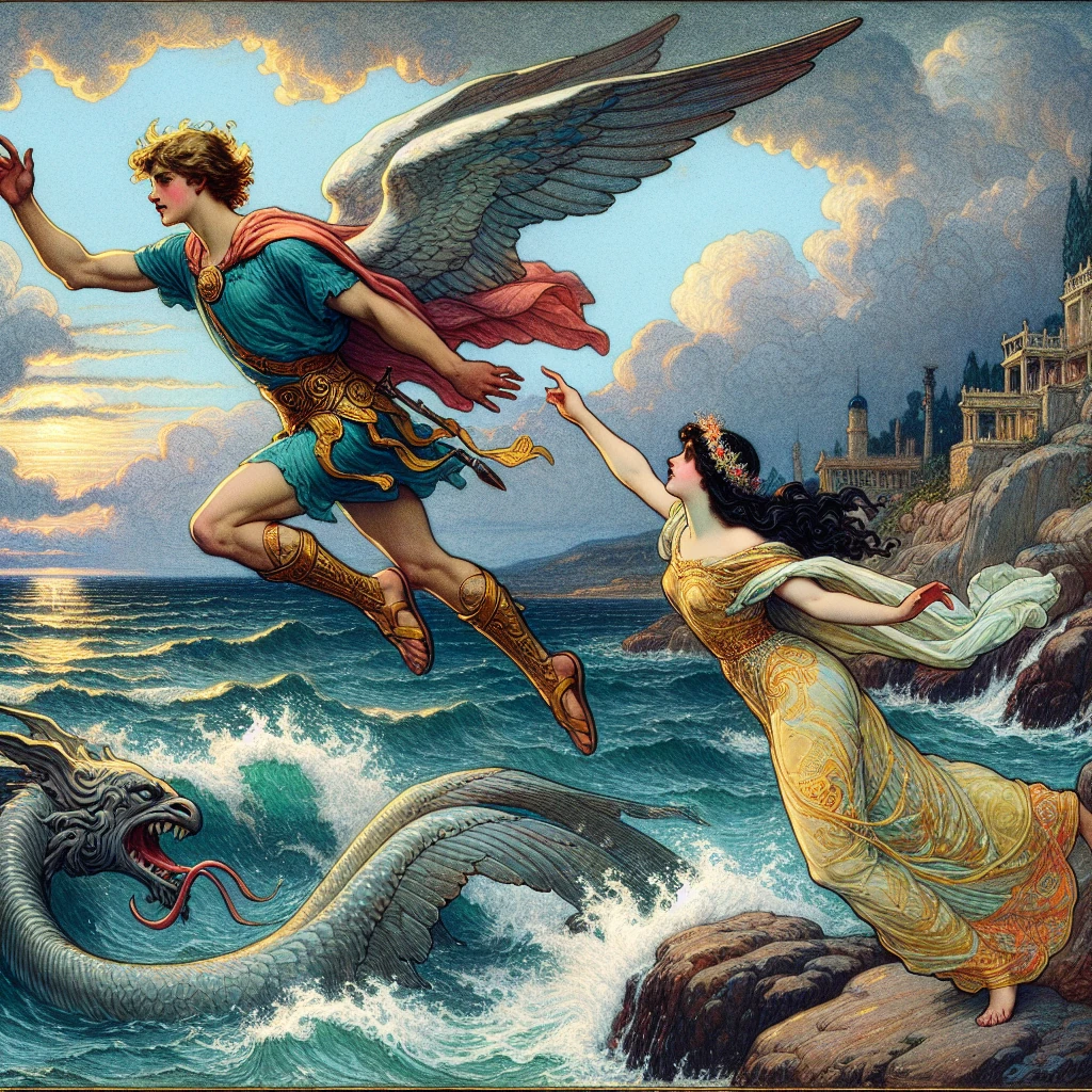 Perseus flying on Pegasus to rescue Andromeda chained to the rocks as the sea monster approaches