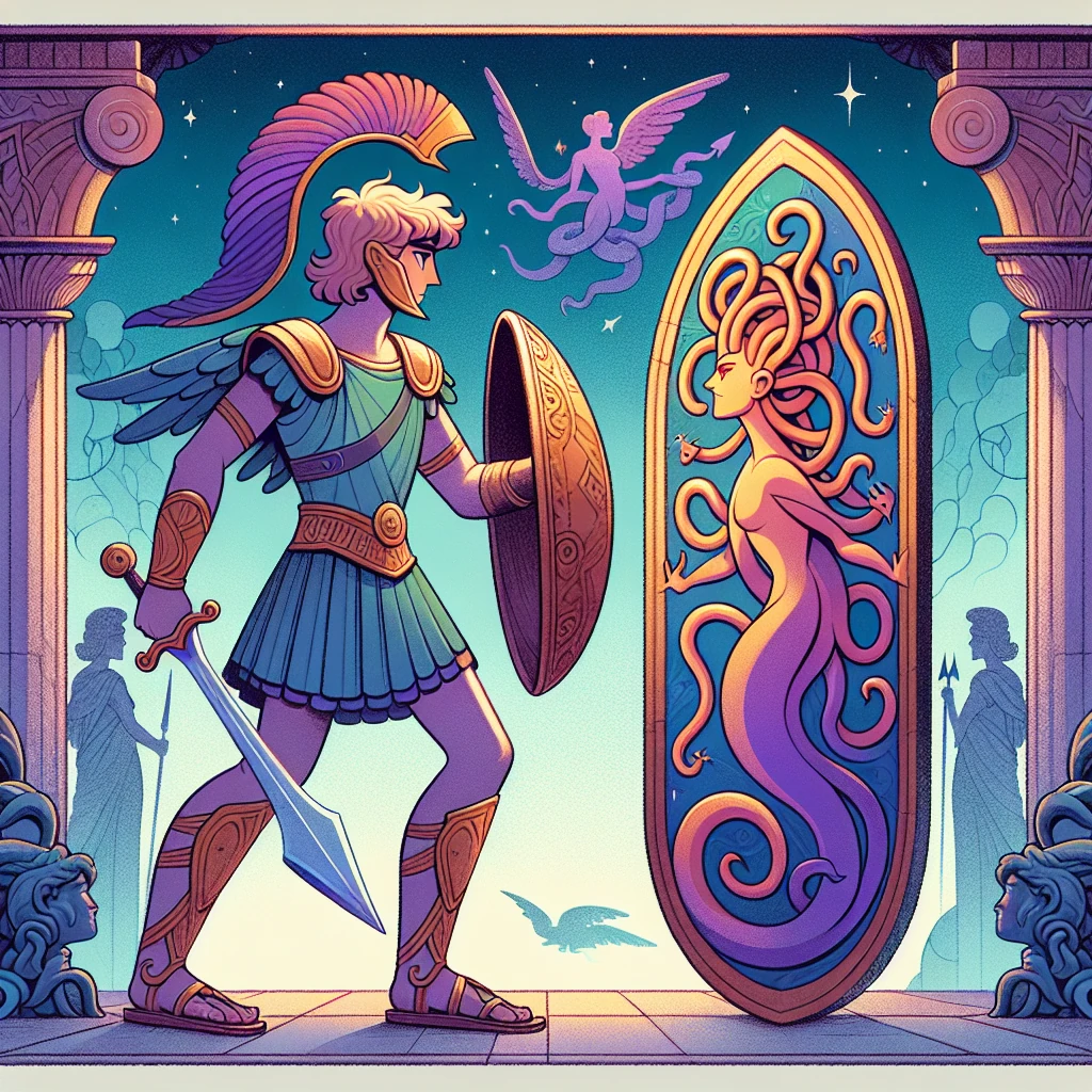 Perseus confronting Medusa using his shield as a mirror