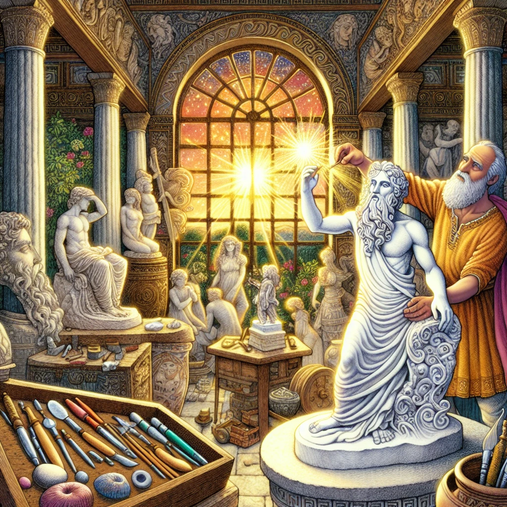 Pygmalion embracing his statue as it transforms from ivory to living flesh, with a soft golden glow from Aphrodite's blessing surrounding them