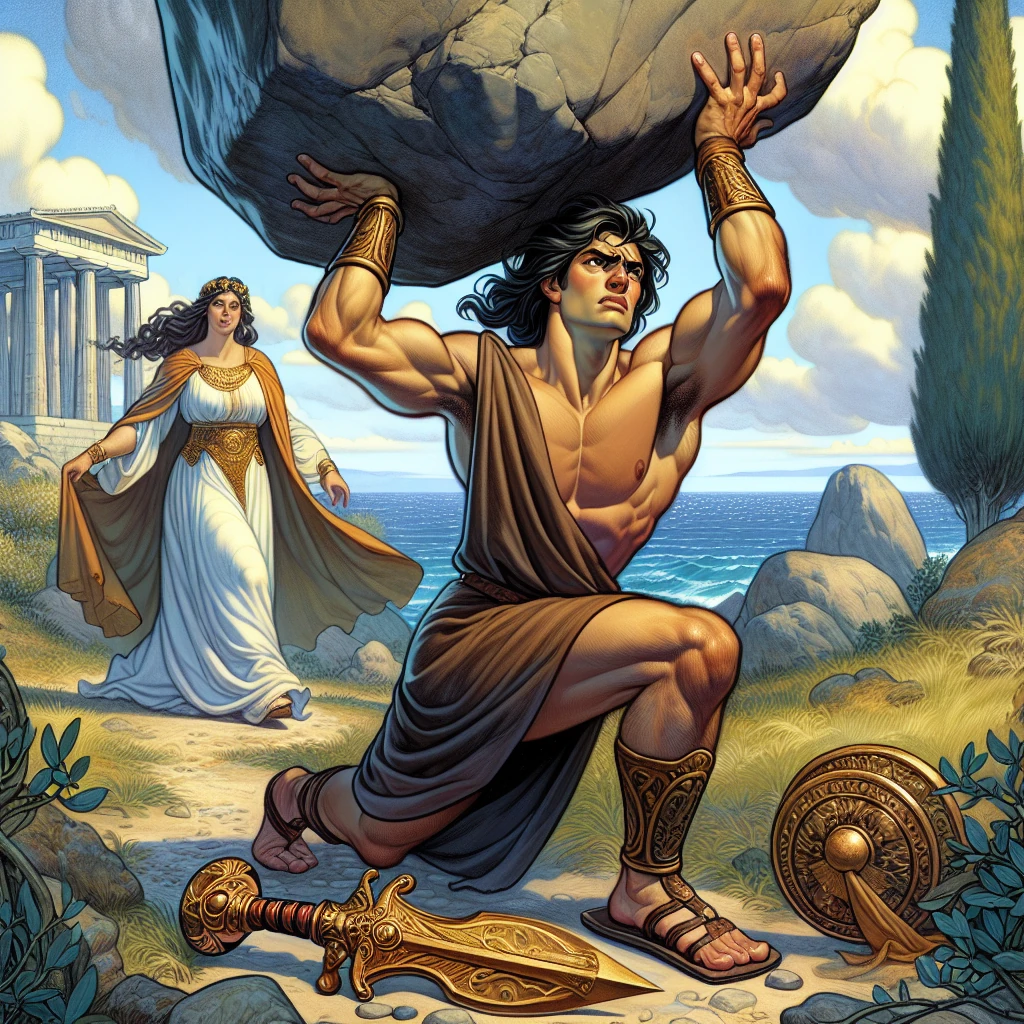 Young Theseus lifting the great stone to reveal his father's sword and sandals, with the road to Athens stretching into the distance