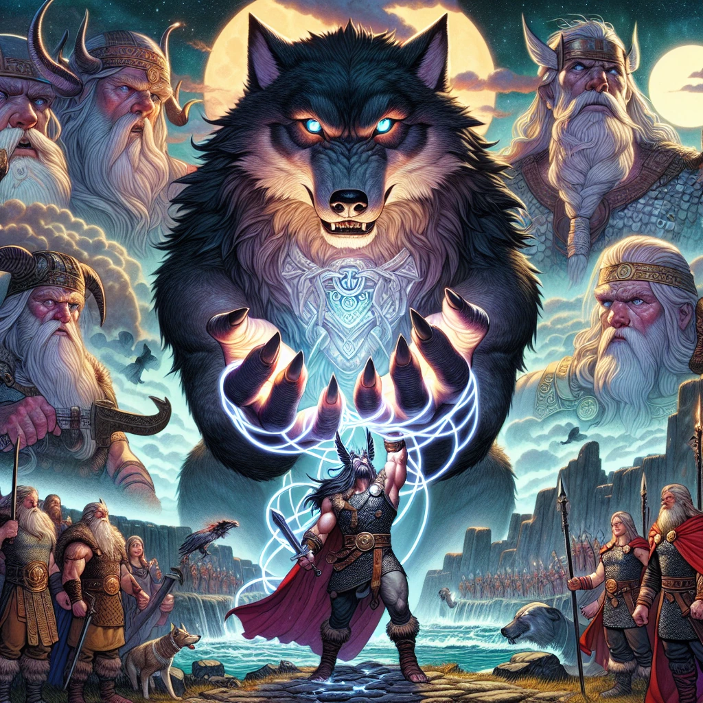 The giant wolf Fenrir being bound by the magical chain Gleipnir while Tyr courageously places his hand in the wolf's mouth, with the gods watching anxiously