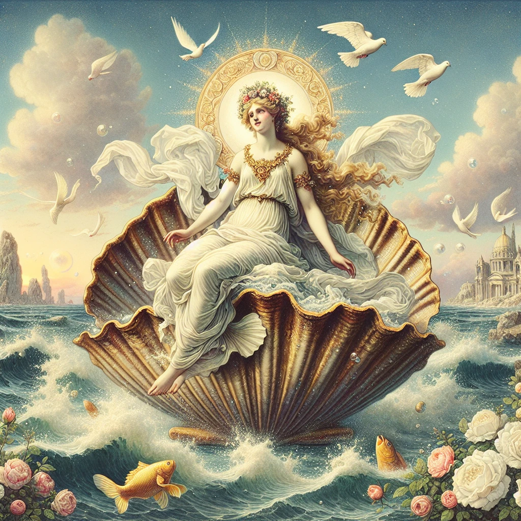 Aphrodite rising from the sea foam on a scallop shell, surrounded by roses and doves