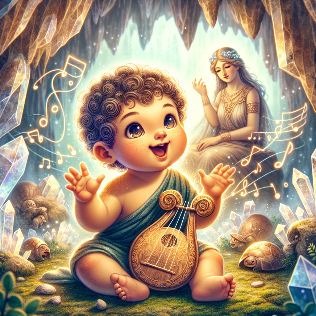 Baby Hermes playing the newly invented lyre while Apollo's sacred cattle graze nearby, with Mount Cyllene in the background