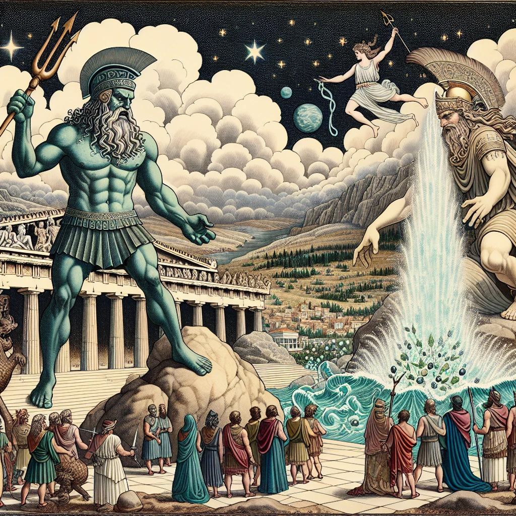 Athena and Poseidon competing for patronage of Athens as the citizens watch in awe