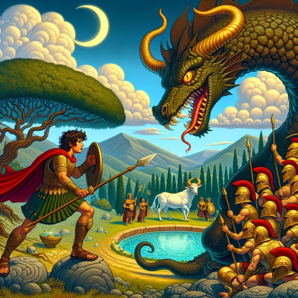 Cadmus confronting the massive dragon guarding the sacred spring, with armed warriors emerging from the earth in the background