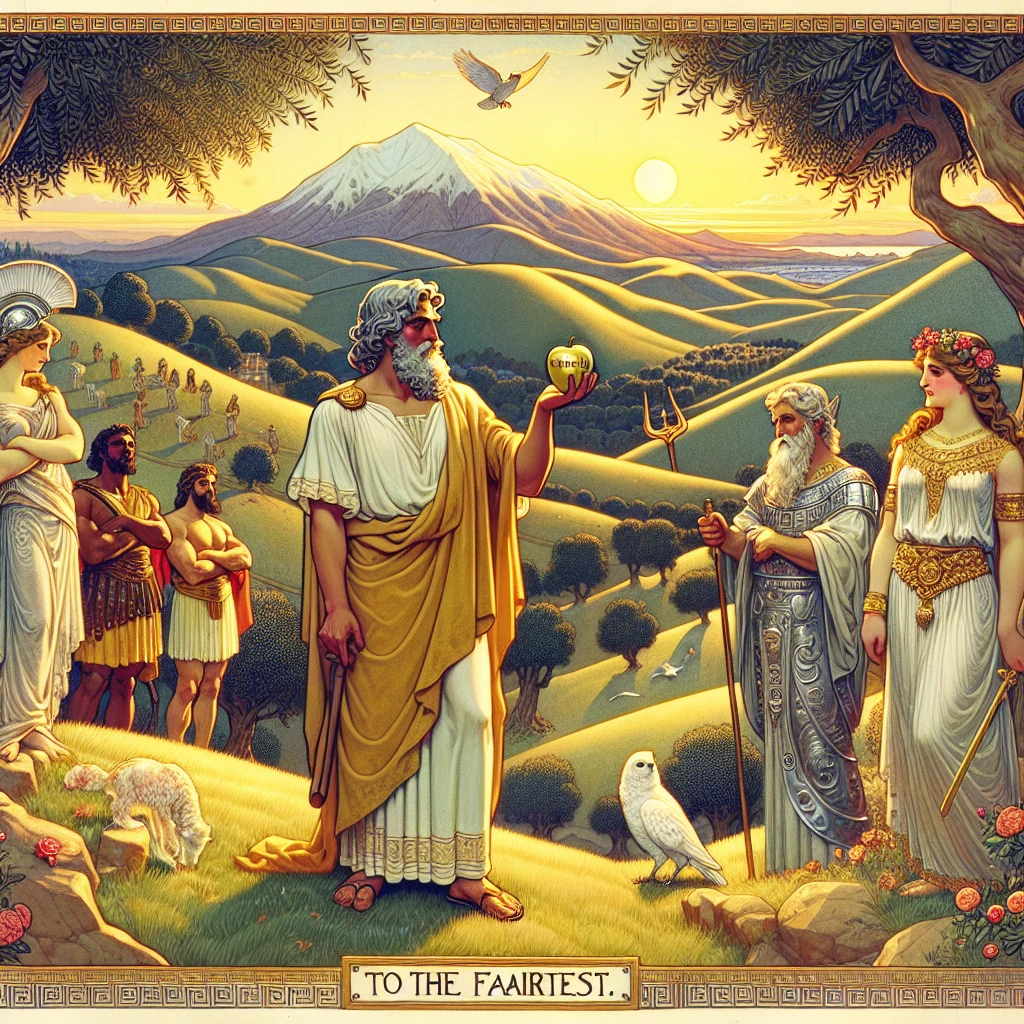 Paris presenting the golden apple to Aphrodite while Hera and Athena look on