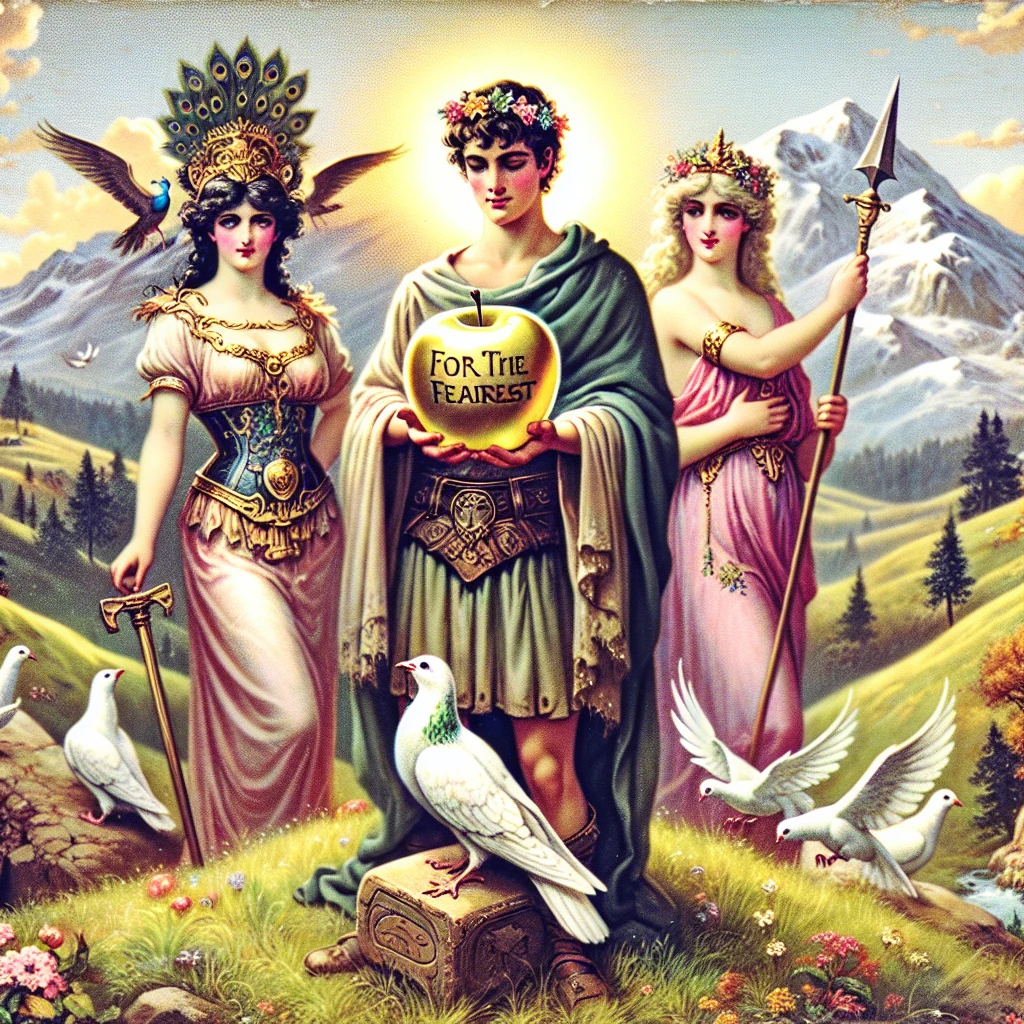 Paris judging between the three goddesses Hera, Athena, and Aphrodite on Mount Ida