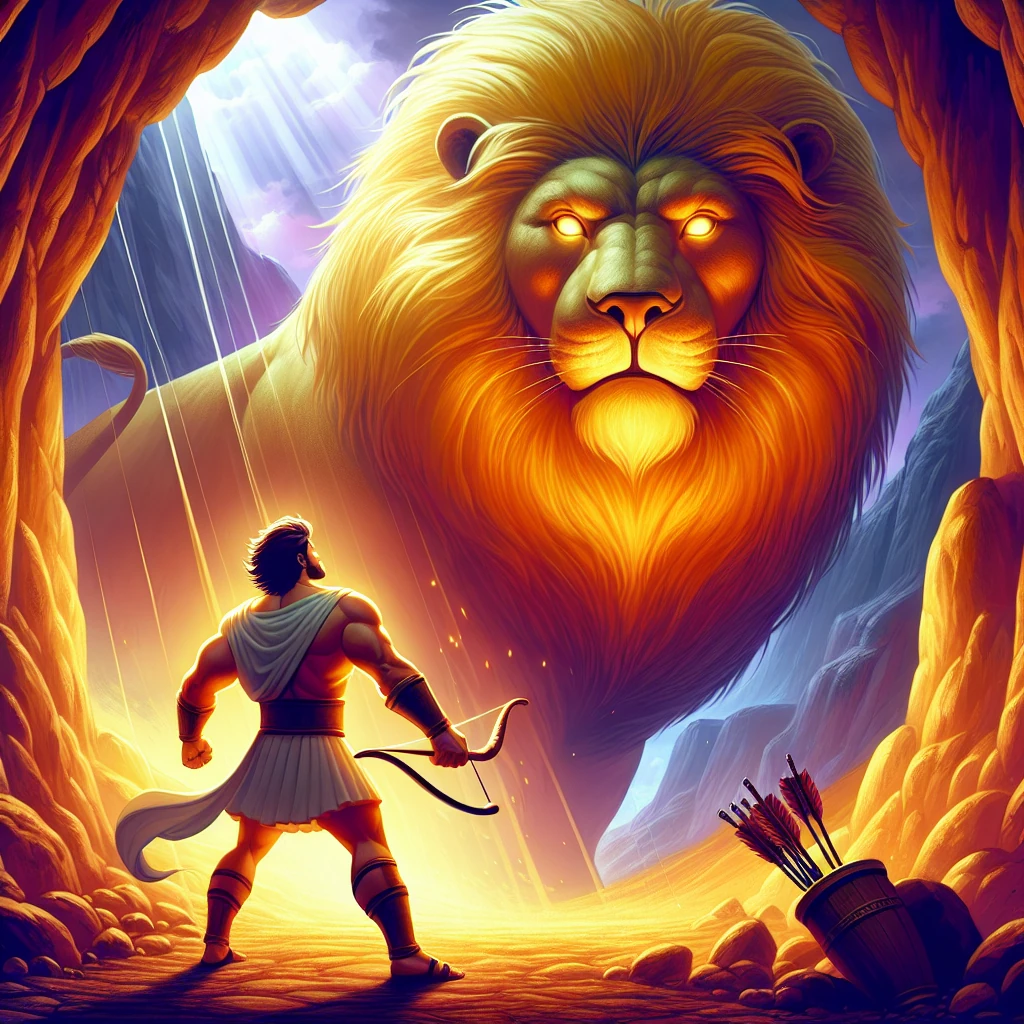 Heracles battling the Nemean Lion, his muscles straining as he wrestles the enormous beast with his bare hands