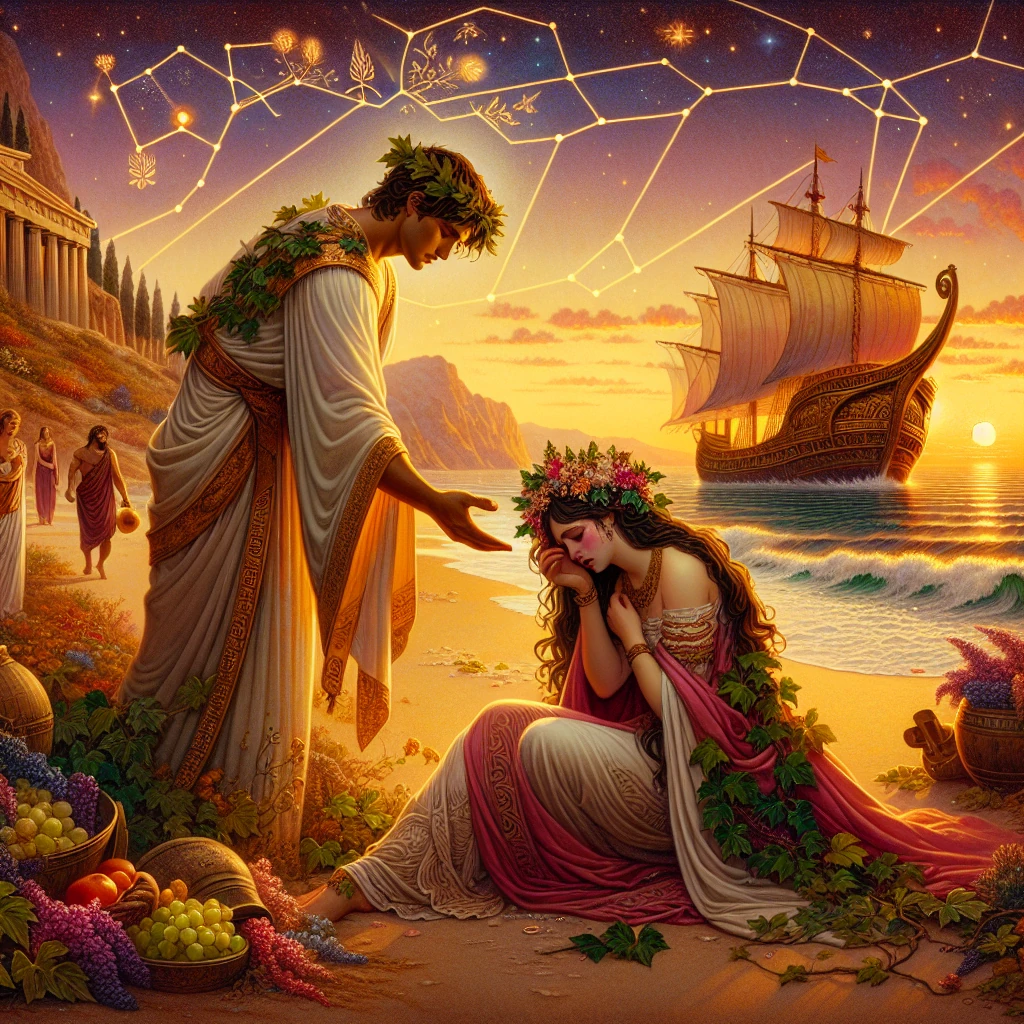 Ariadne giving Theseus the golden thread to navigate the labyrinth