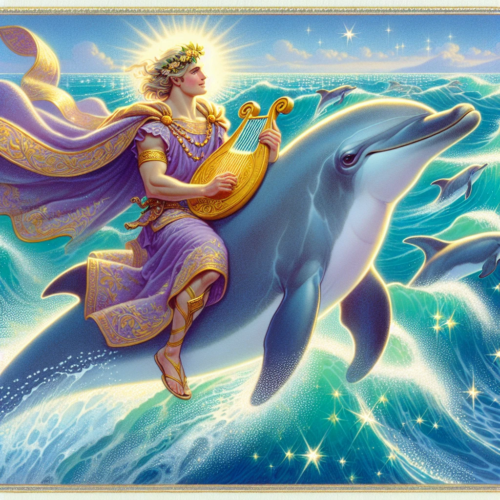 Arion the musician riding on the back of a dolphin across sparkling ocean waves, his lyre in hand and robes flowing in the sea breeze