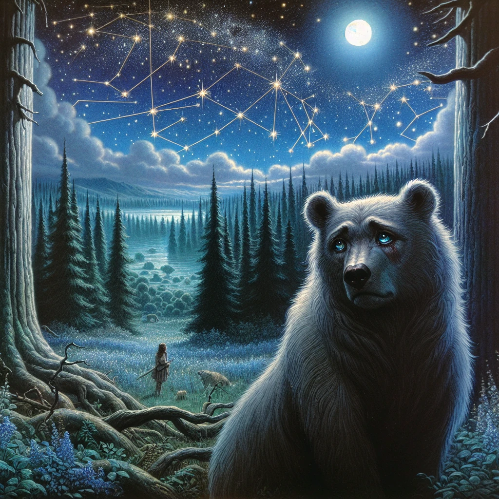 Callisto transformed into a bear, gazing up at the stars that will become her eternal home