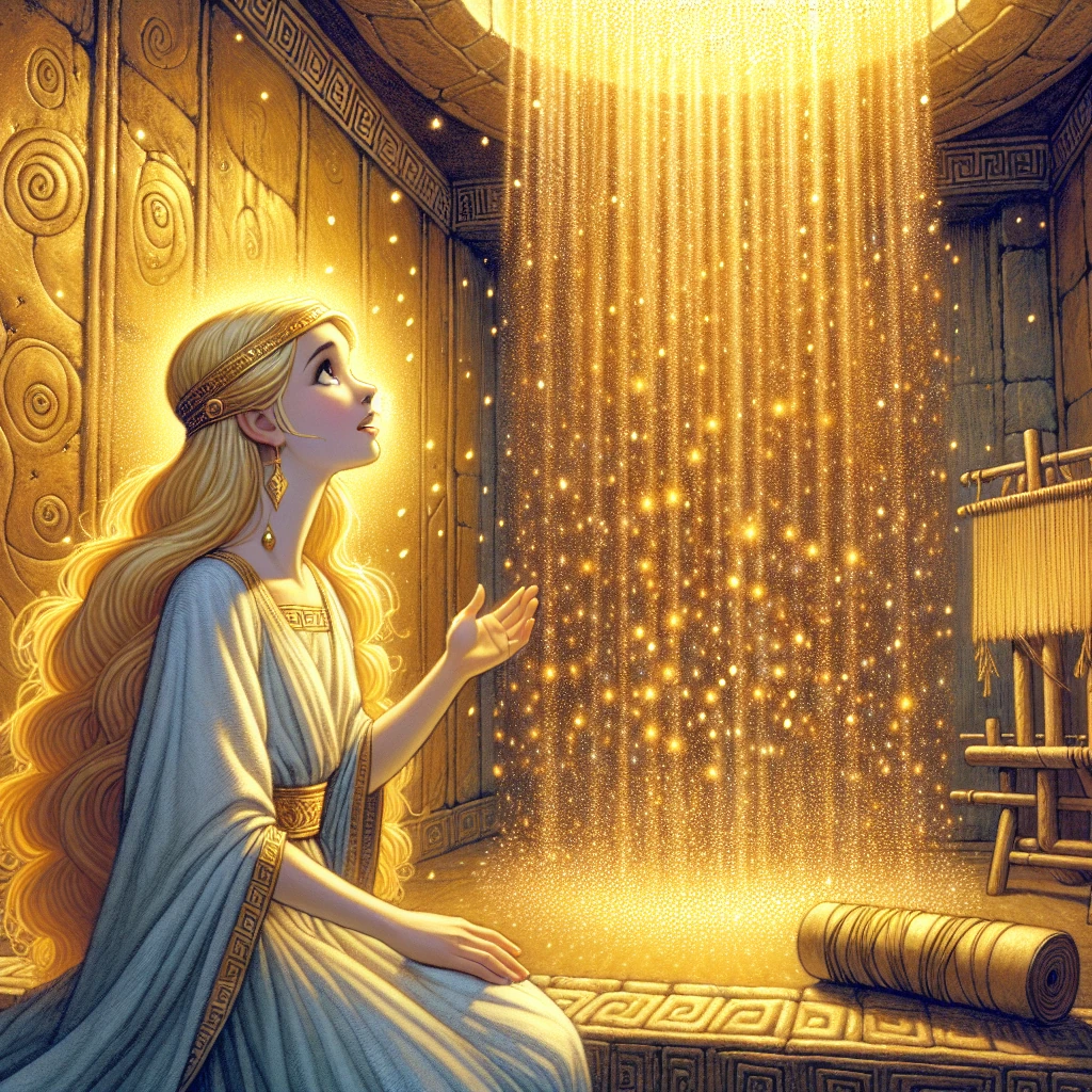 Zeus descending as a golden shower of light into Danaë's bronze tower prison, with the beautiful princess looking up in wonder