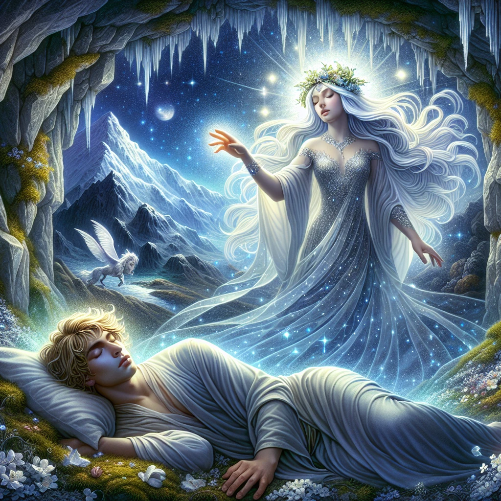 Selene the moon goddess gazing down lovingly at the sleeping Endymion in his cave