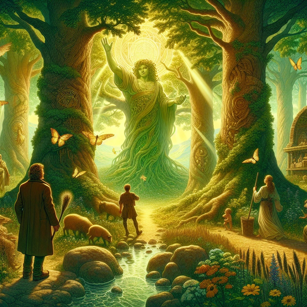 Erysichthon with an axe standing before an ancient sacred oak tree while a dryad spirit emerges from the trunk, pleading for her tree's life
