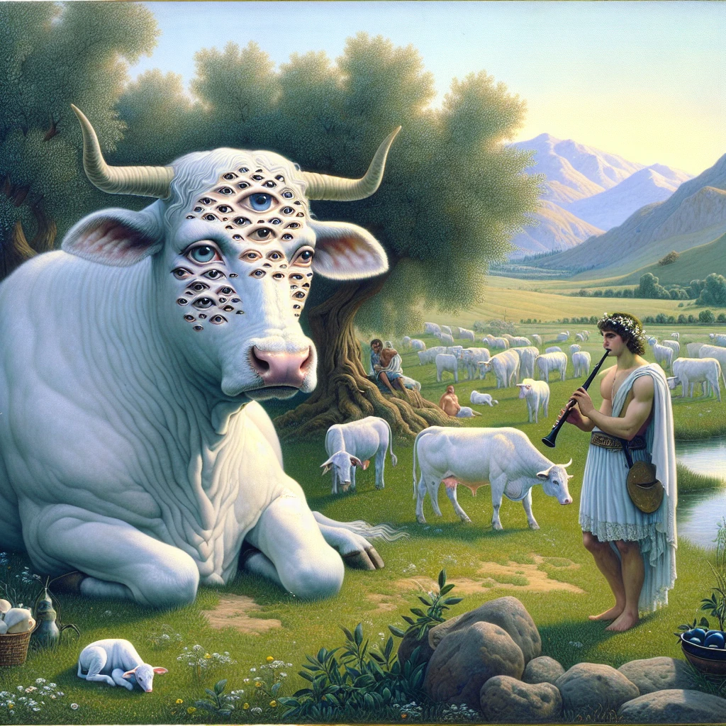 Io transformed into a white cow, watched over by the hundred-eyed giant Argus