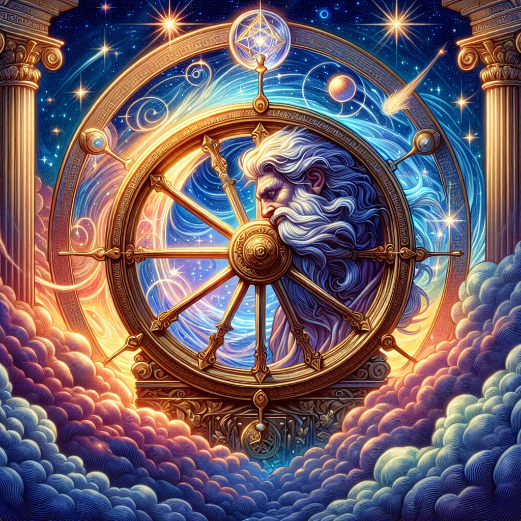Ixion bound to his eternal wheel of fire in the underworld as punishment for his crimes