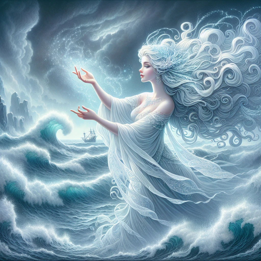 Leucothea rising from the sea waves as a beautiful sea goddess, her white robes flowing like seafoam, reaching out to guide lost sailors to safety