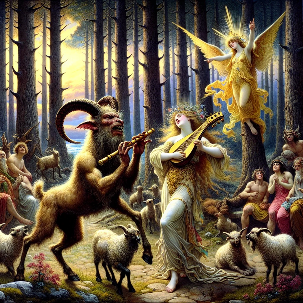 Marsyas playing his double flute in the forest