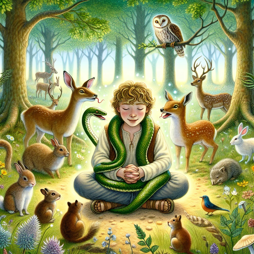 Young Melampus sitting peacefully in a forest clearing as serpents whisper secrets in his ears, with various woodland animals gathered around him