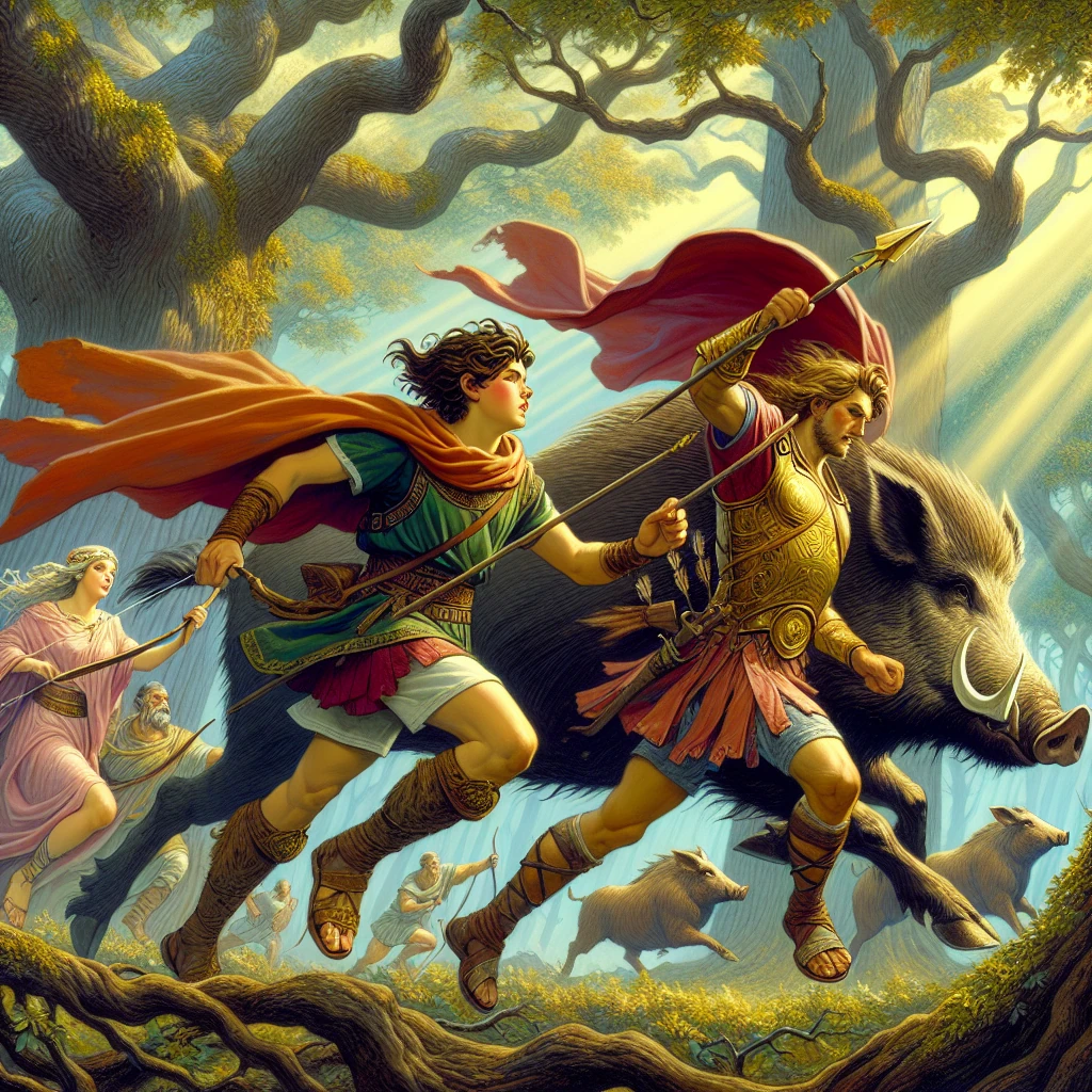 Meleager leading the great hunt for the monstrous Calydonian Boar