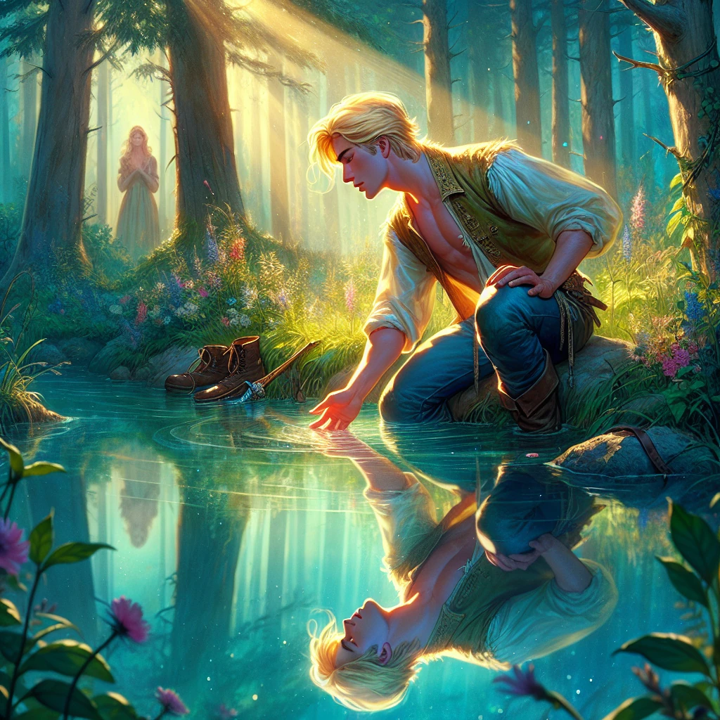 Narcissus gazing at his reflection in a forest pool