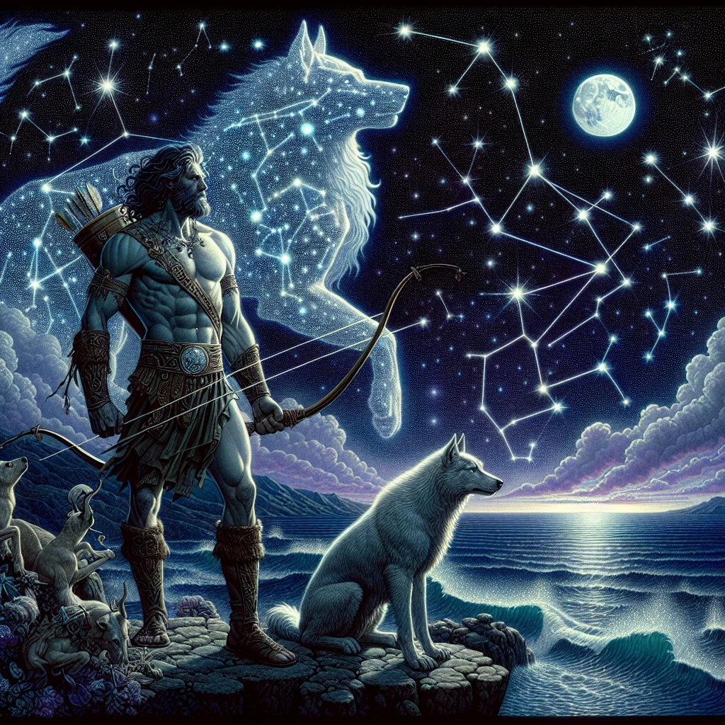 Orion the mighty hunter standing beneath the starry night sky with his constellation shining above