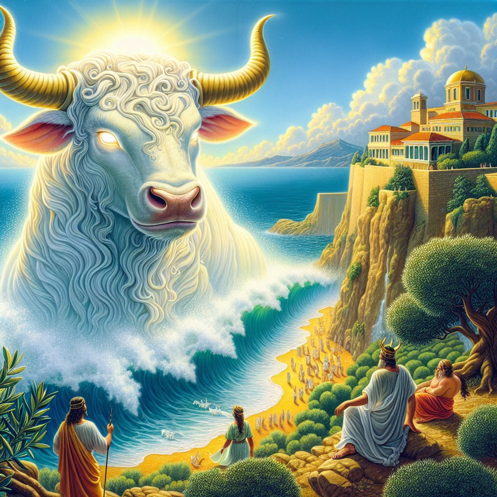 Queen Pasiphaë gazing at the magnificent white bull sent by Poseidon