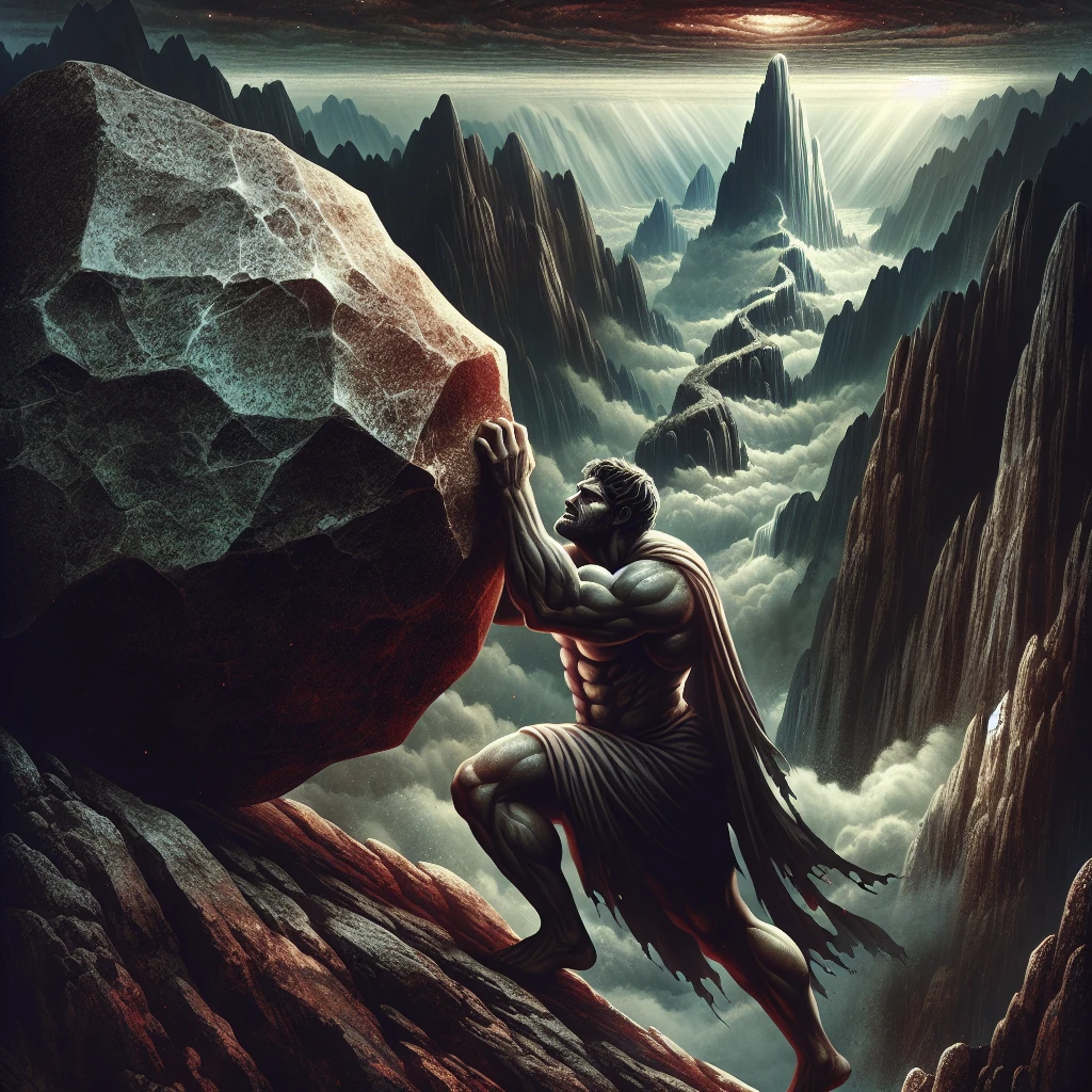Sisyphus pushing the enormous boulder up the steep mountain in the underworld