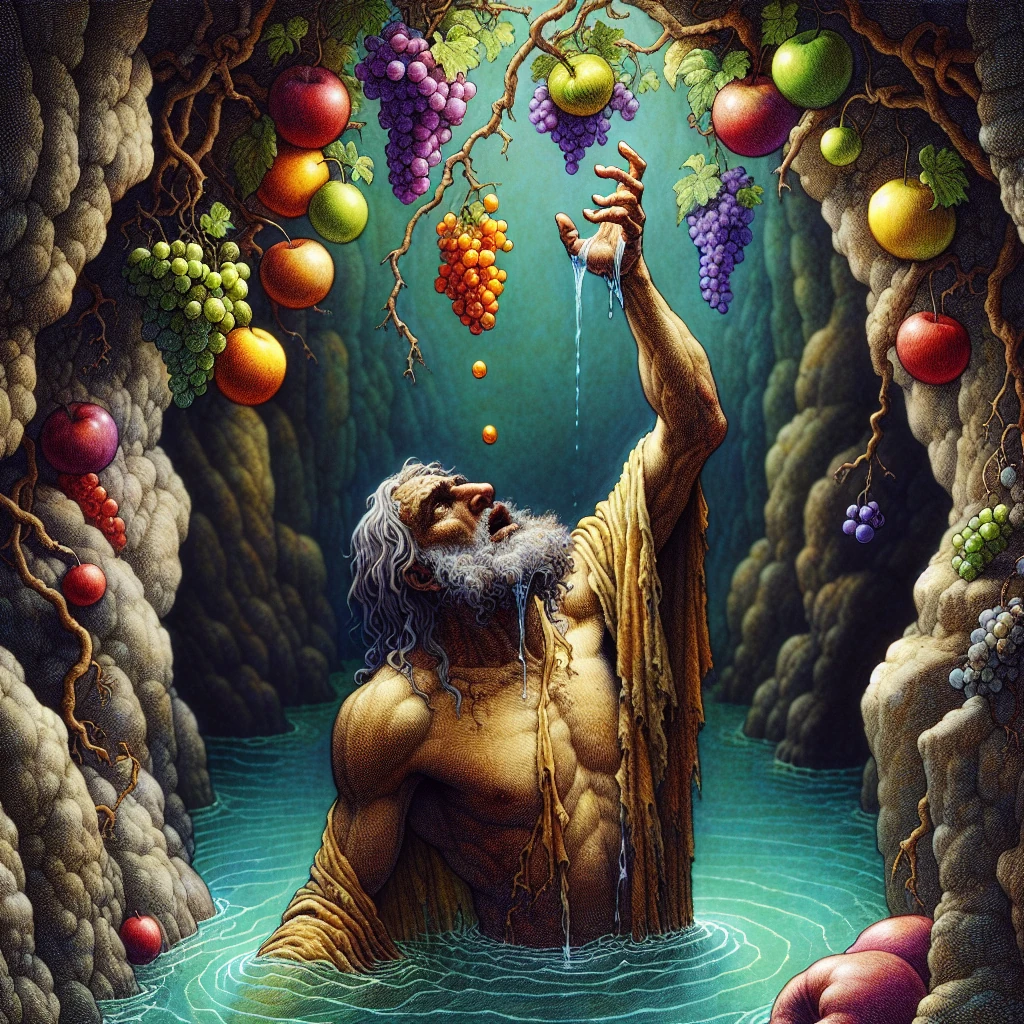 Tantalus standing in a pool of water with fruit branches just out of reach, eternally tormented by what he cannot have