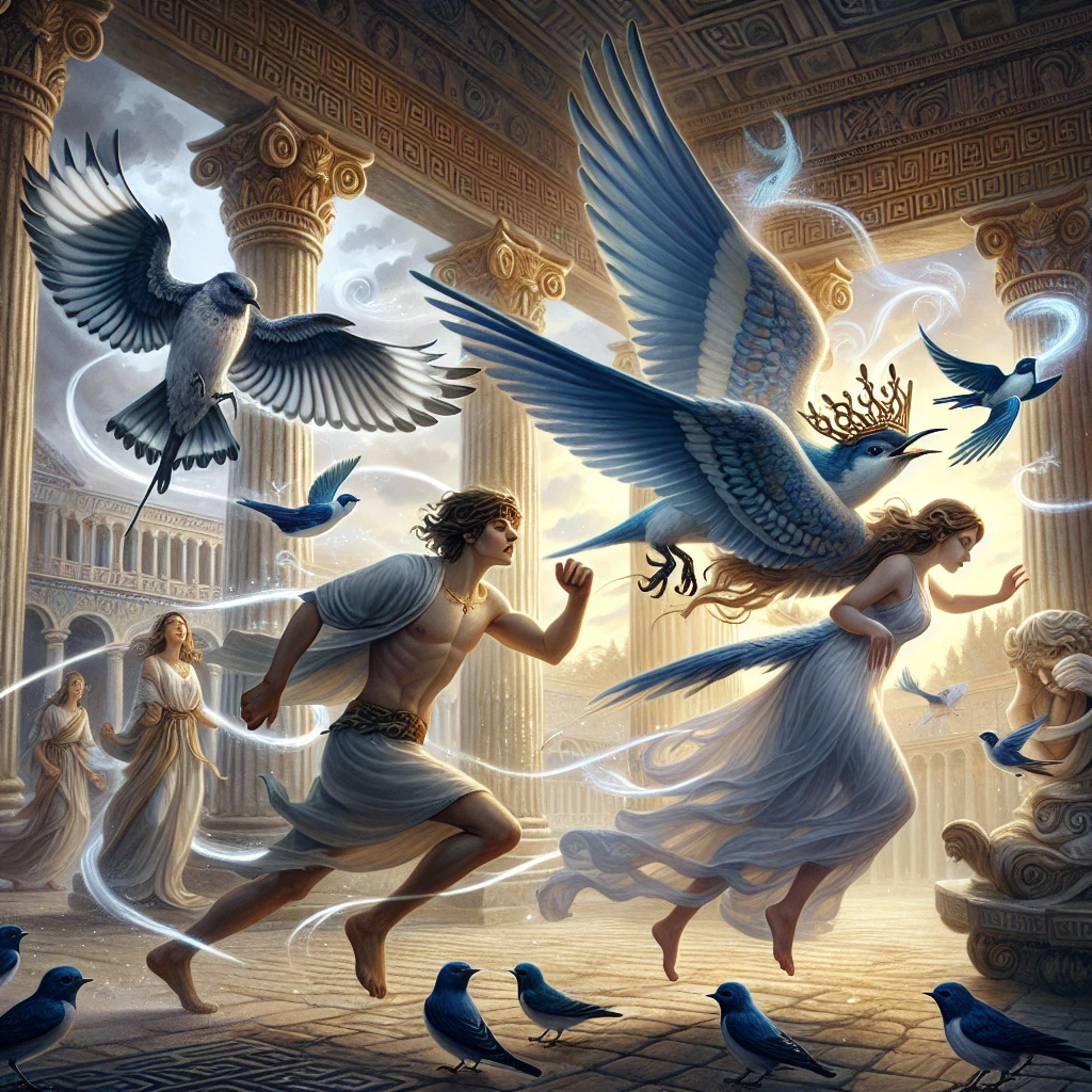 The transformation of Procne, Philomela, and Tereus into birds at the climax of their tragic tale