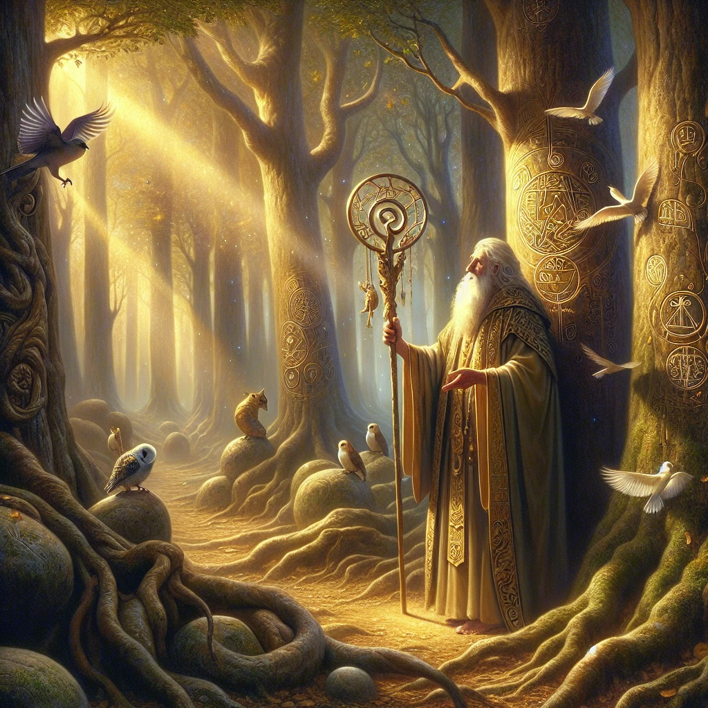 Tiresias the blind prophet standing in his sacred grove, his eyes clouded but his expression wise and knowing, holding his prophet's staff while birds gather around him