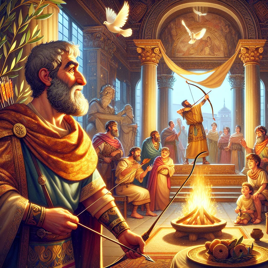 Odysseus disguised as a beggar drawing his great bow in the palace hall while the shocked suitors look on in fear and amazement