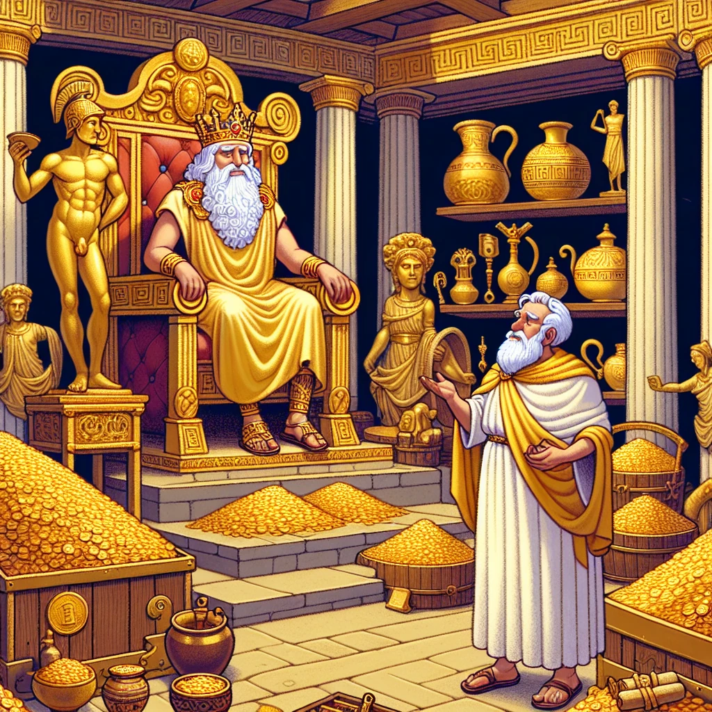 King Croesus in his magnificent palace treasury, surrounded by gold and treasures, receiving the wise counsel of Solon the lawgiver