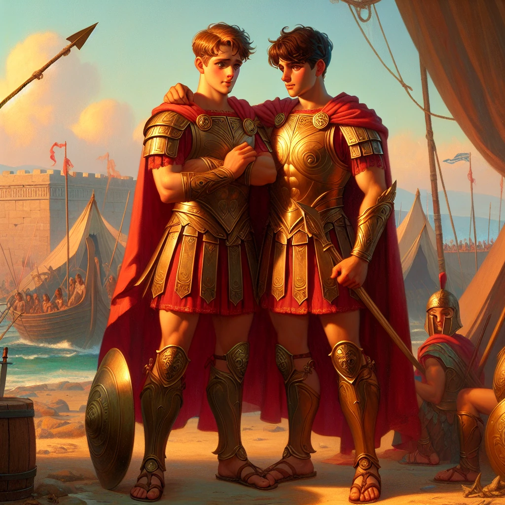 Patroclus standing beside Achilles in friendship and loyalty