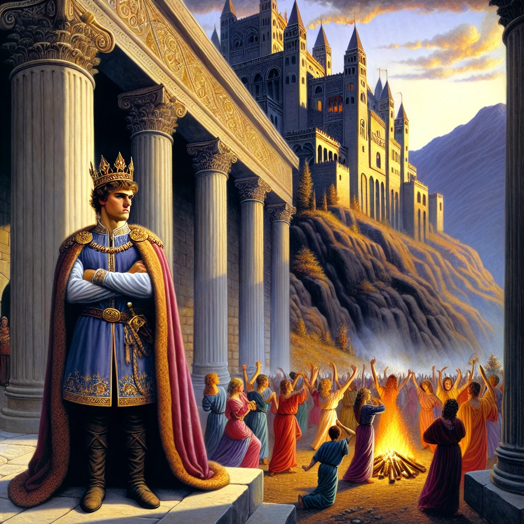 Young King Pentheus standing defiantly before his palace while in the background, frenzied women dance wildly in honor of Dionysus