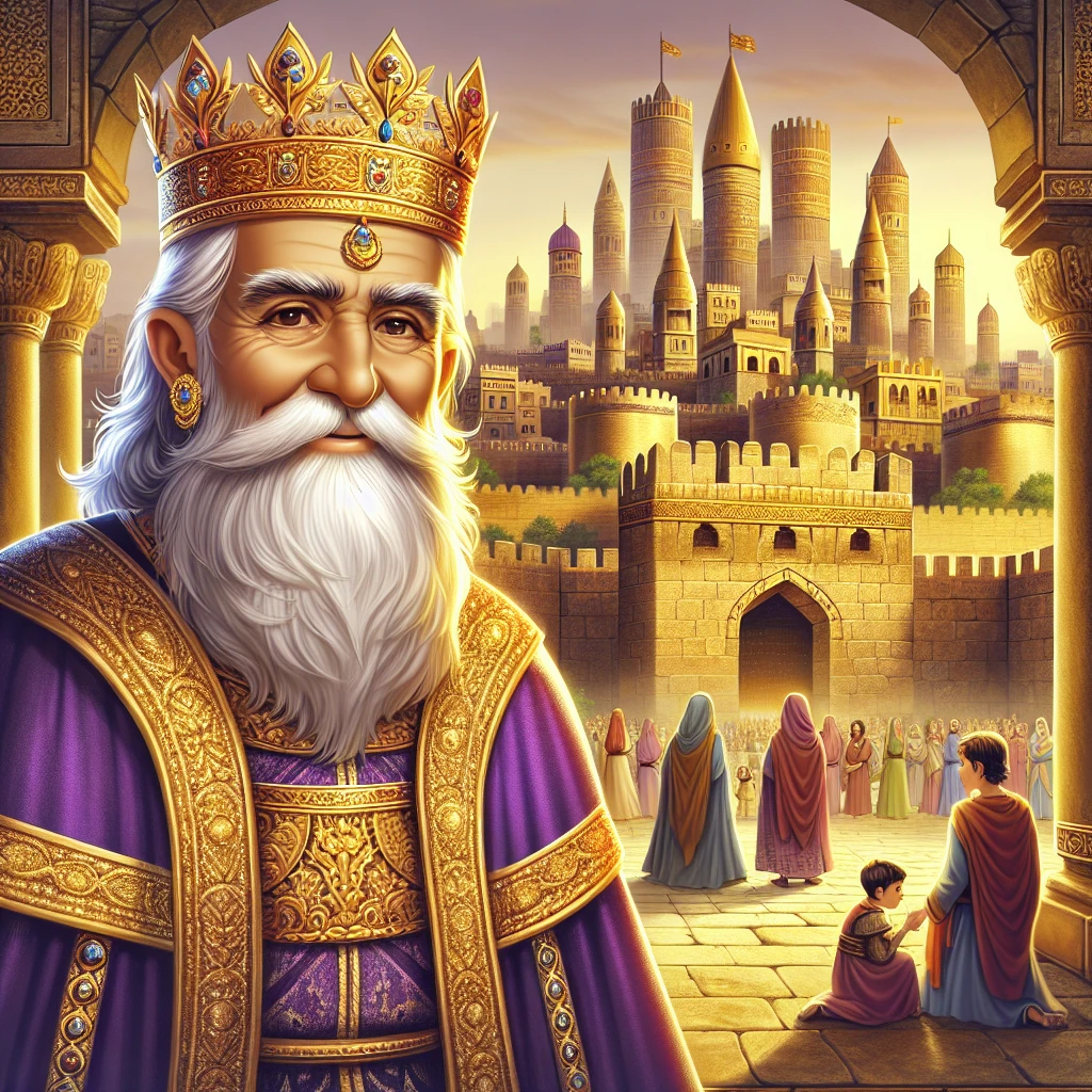 King Priam in his royal dignity, surrounded by the walls of Troy