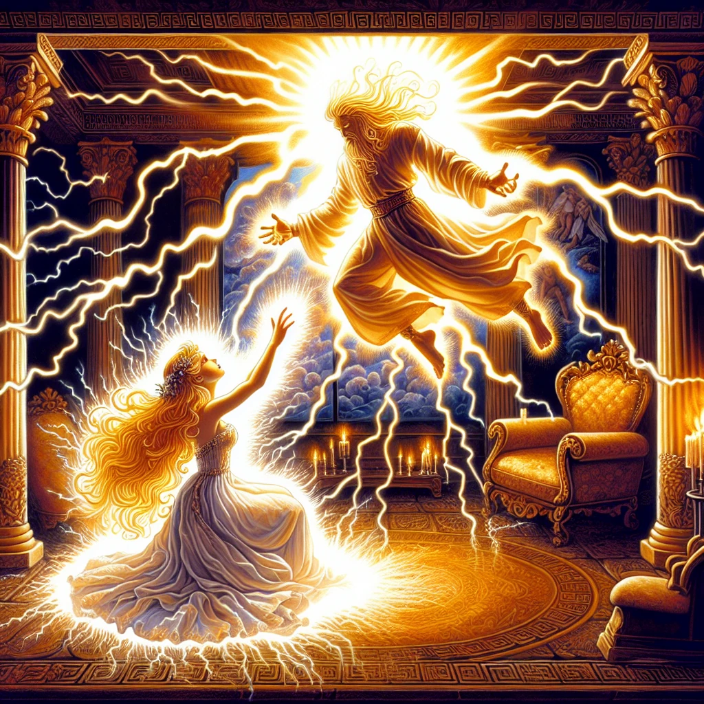 Semele in her chamber as Zeus appears to her in his true divine form of lightning and thunder