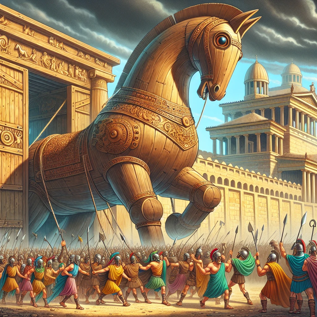 The massive wooden horse being wheeled through the gates of Troy as celebrating Trojans pull it into their city