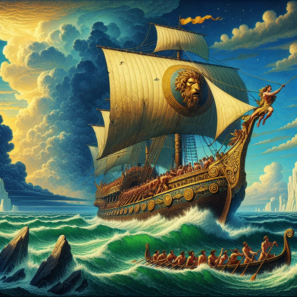 The Argo sailing through dangerous waters with its crew of heroes