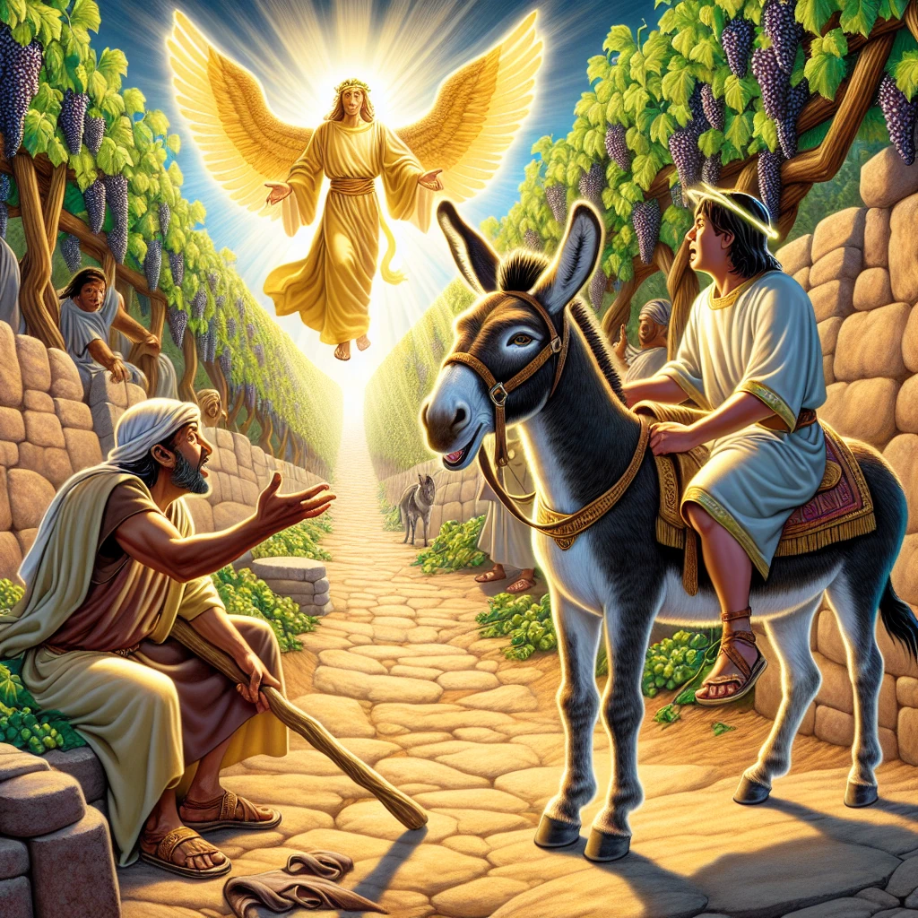 Balaam's donkey speaking to him while the angel of the Lord blocks their path