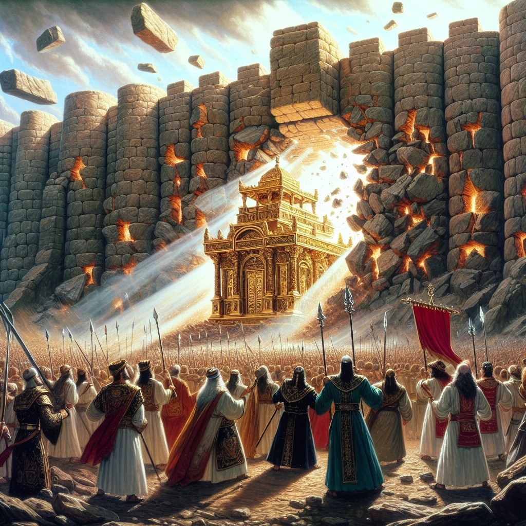 The walls of Jericho falling down as the Israelites march around the city