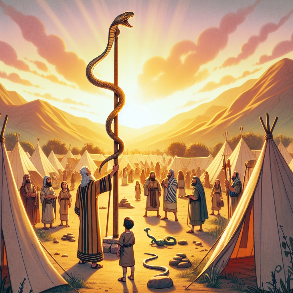 Moses lifting up the bronze serpent for the people to look upon and be healed