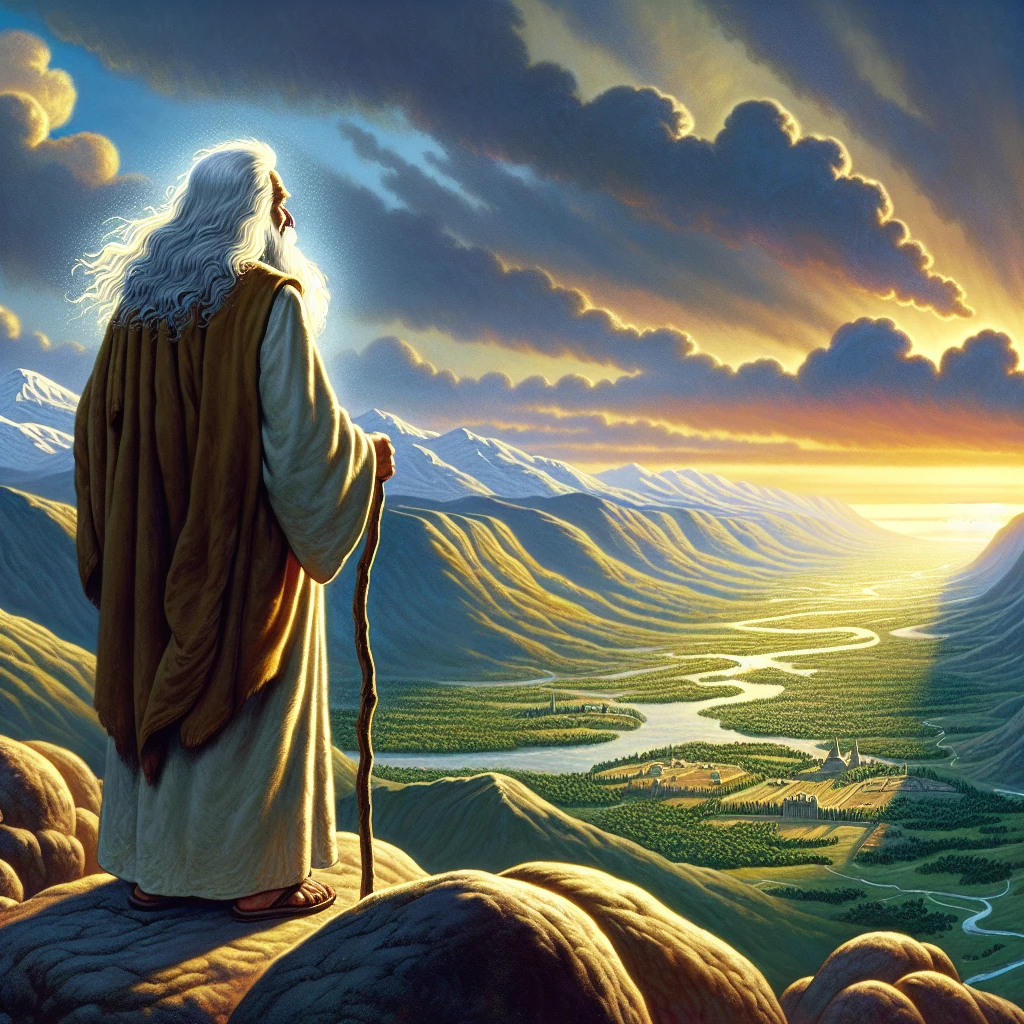 Moses viewing the Promised Land from Mount Nebo before his death