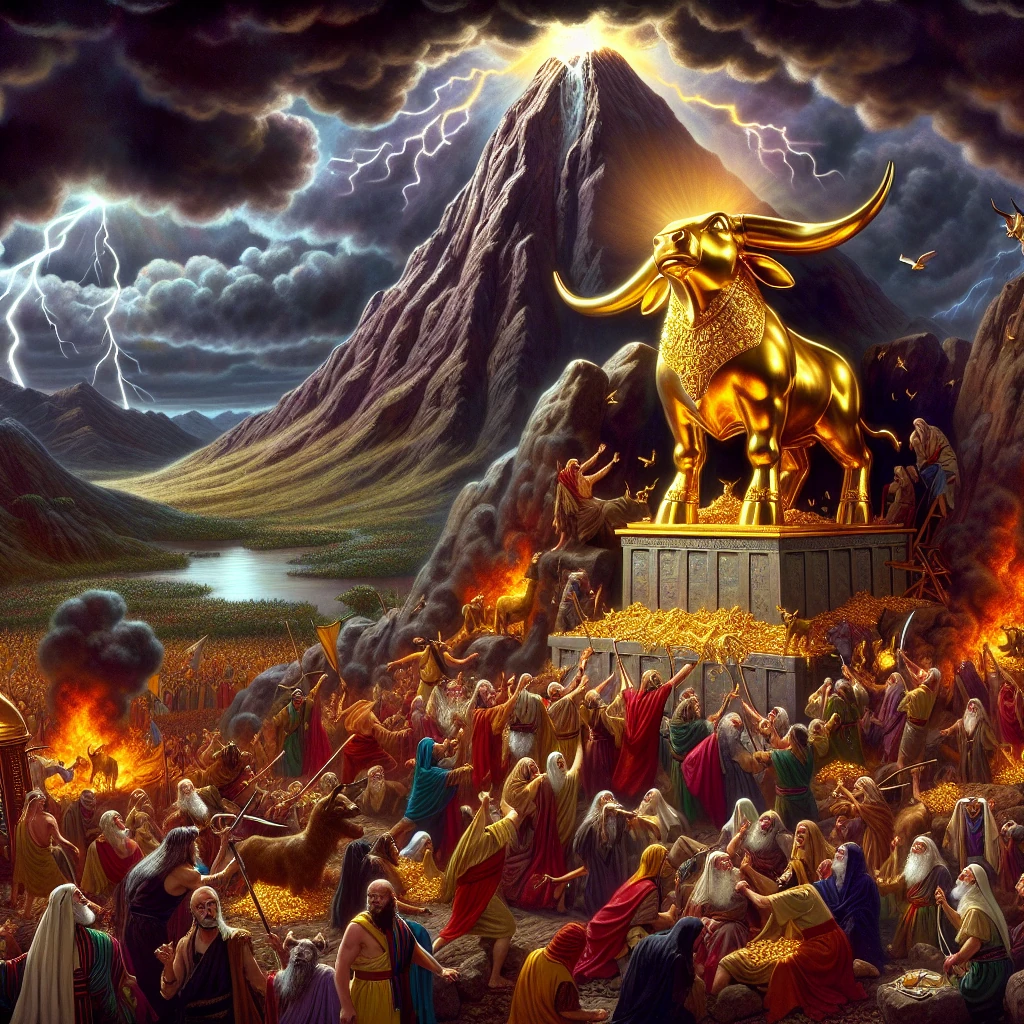 The Israelites worshipping the golden calf while Moses is on Mount Sinai