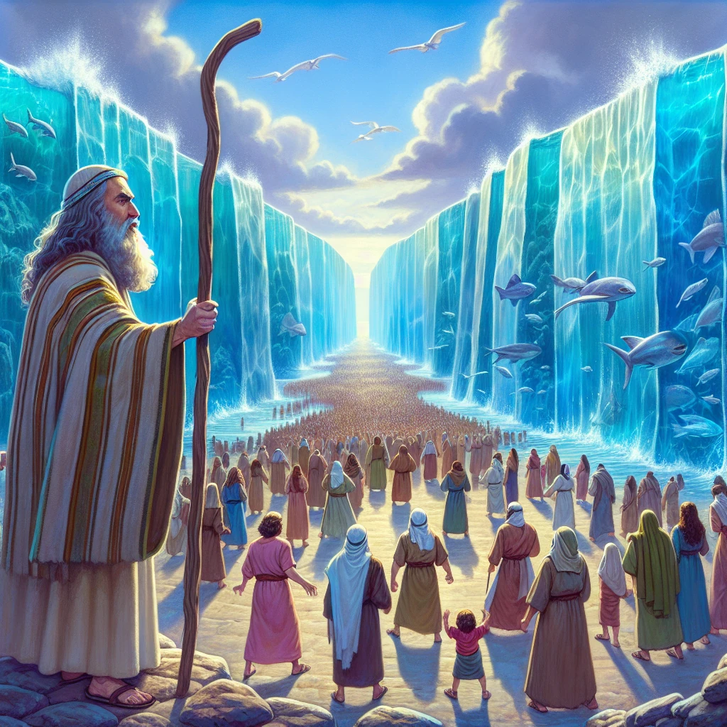 Moses parting the Red Sea with the Israelites crossing on dry ground