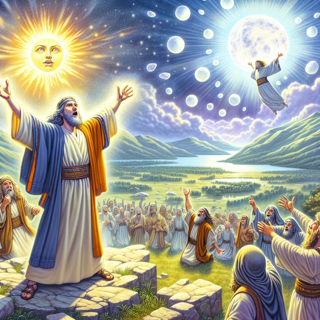 Joshua commanding the sun and moon to stand still during the battle at Gibeon
