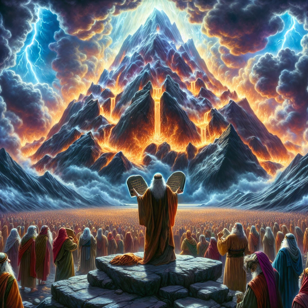 Moses receiving the Ten Commandments on Mount Sinai